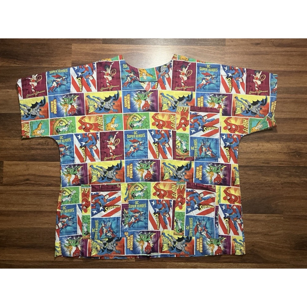 Vtg Custom Made DC COMICS SUPER HEROES Medical Scrub Top V-Neck 2X